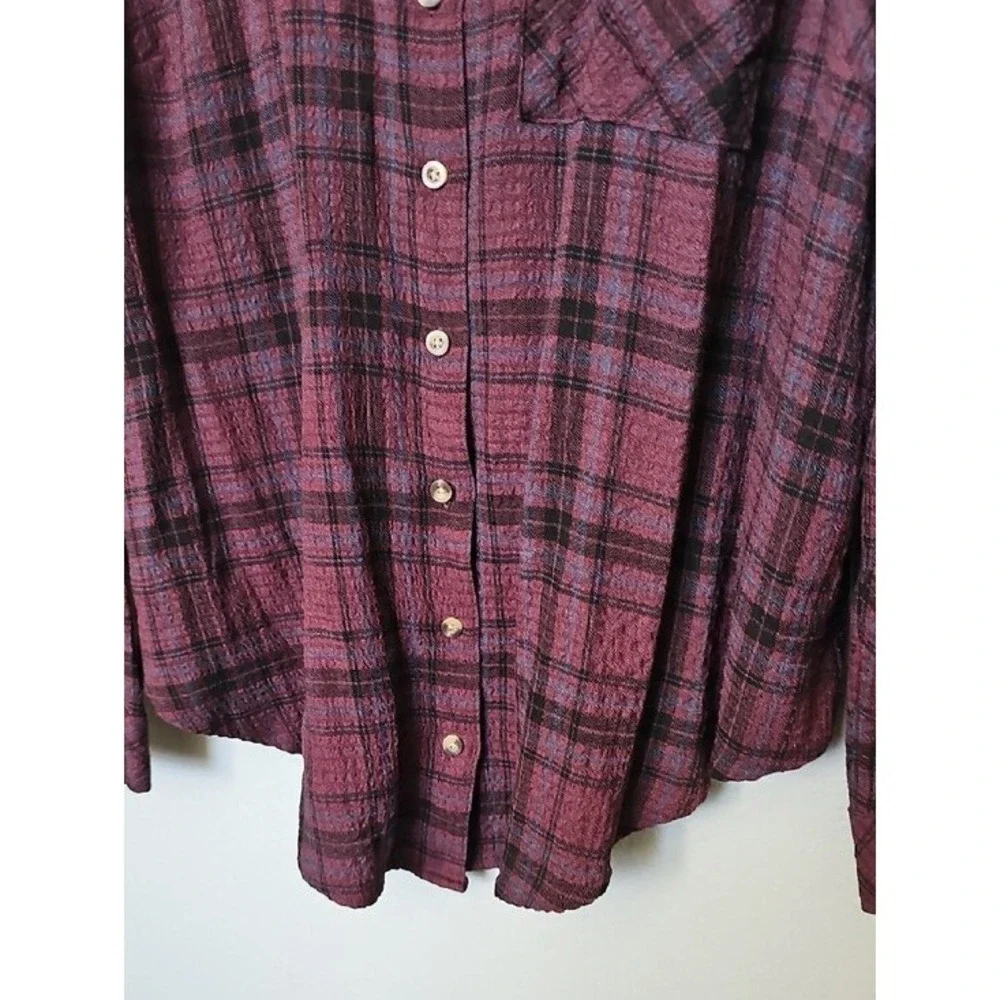 Torrid Plaid Button Down Shirt Burgundy Black Crinkle Gauze Boho Size 00 XL